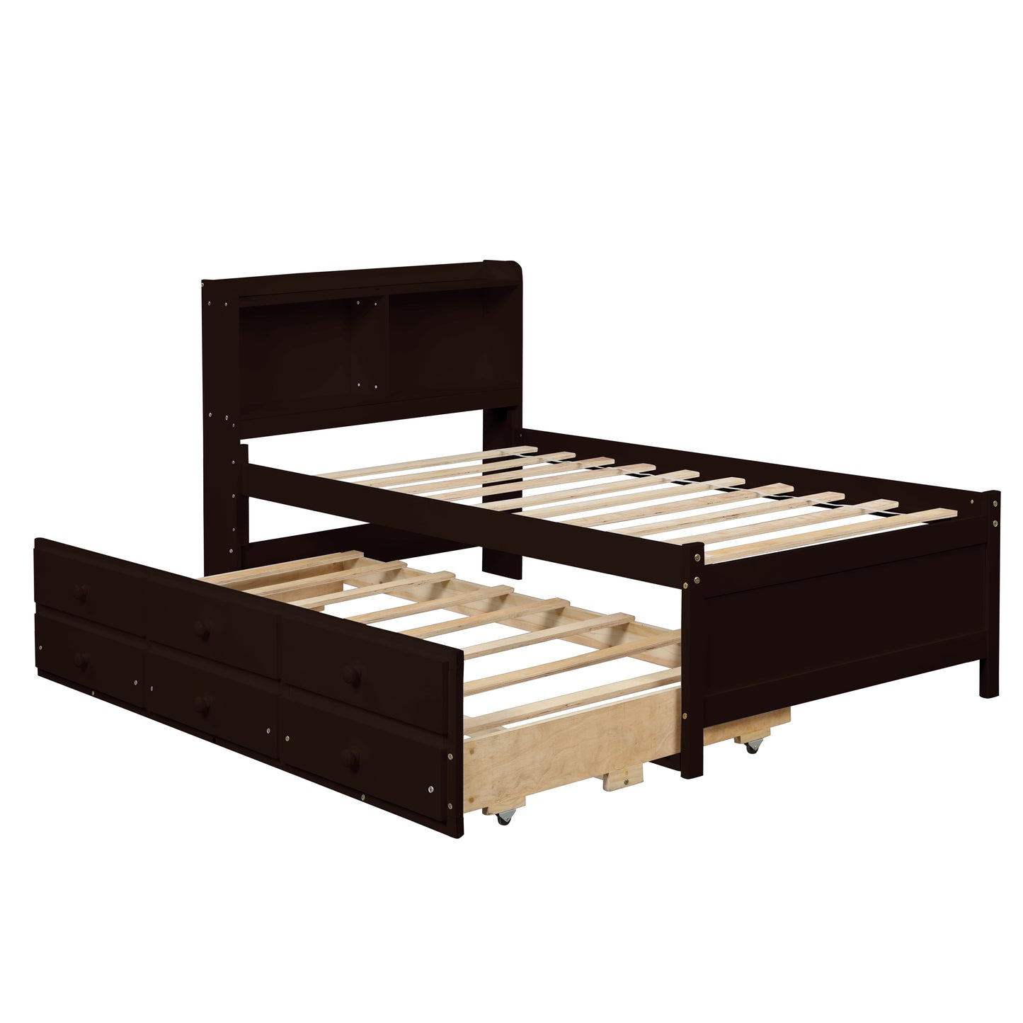 Twin Bed with Bookcase,Twin Trundle,Drawers,Espresso