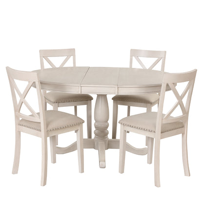 Modern Dining Table Set for 4,Round Table and 4 Kitchen Room Chairs,5 Piece Kitchen Table Set for Dining Room,Dinette,Breakfast Nook,Antique White