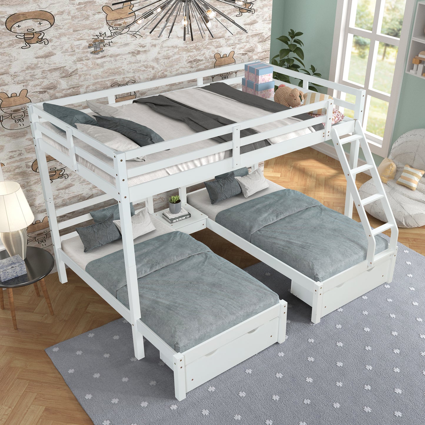 Solid Wood Full over  Twin & Twin Bunk Bed with 3 Storage Drawers, White (96.8”x79”x68.3”)