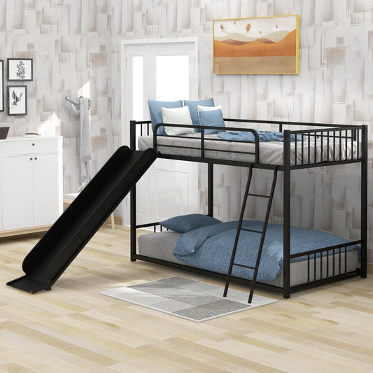 Metal Bunk Bed with Slide, Twin over Twin, Black