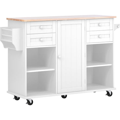 K&K kitchen island cart with Spice Rack, Towel Rack & Drawer,Rubber wood desktop,5 wheels including 4 lockable wheels,52.8inch width (White)