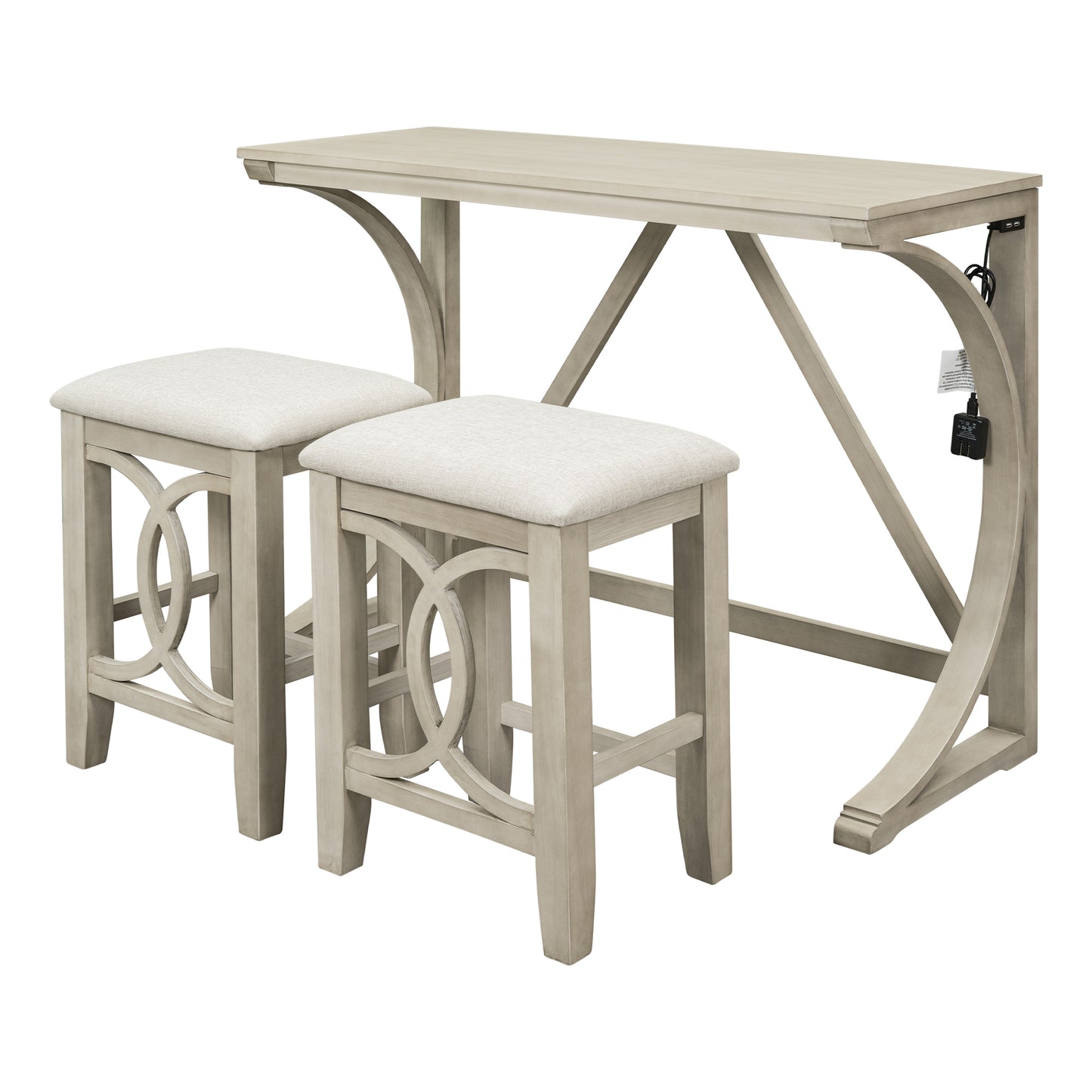 TOPMAX Farmhouse 3-Piece Counter Height Dining Table Set with USB Port and Upholstered Stools,Cream