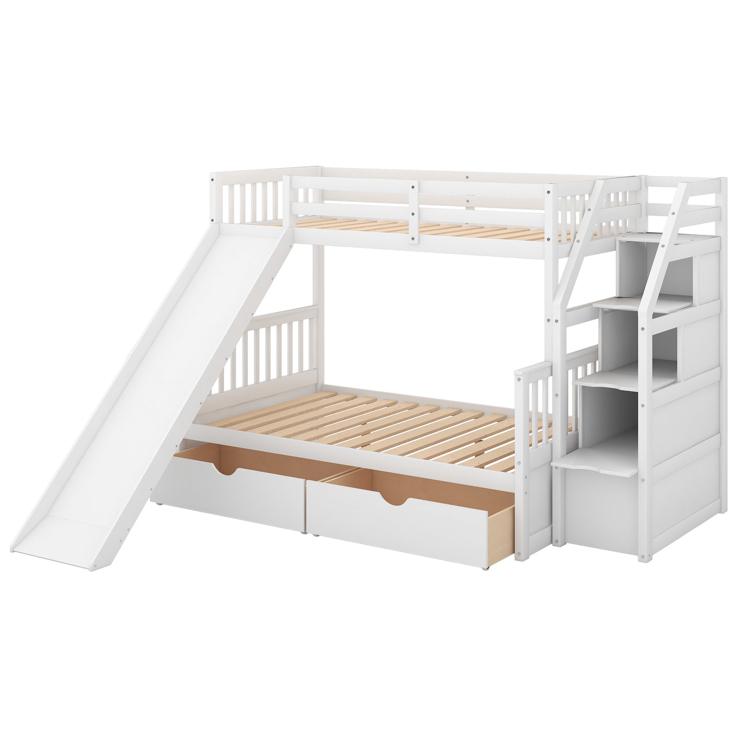 Twin over Full Bunk Bed with Drawers,Storage and Slide, Multifunction, White