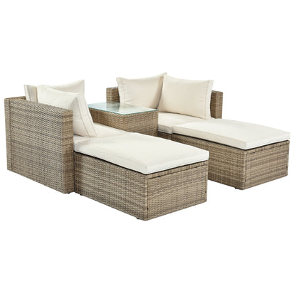 TOPMAX Outdoor Patio Furniture Set, 5-Piece Wicker Rattan Sectional Sofa Set, Brown and Beige