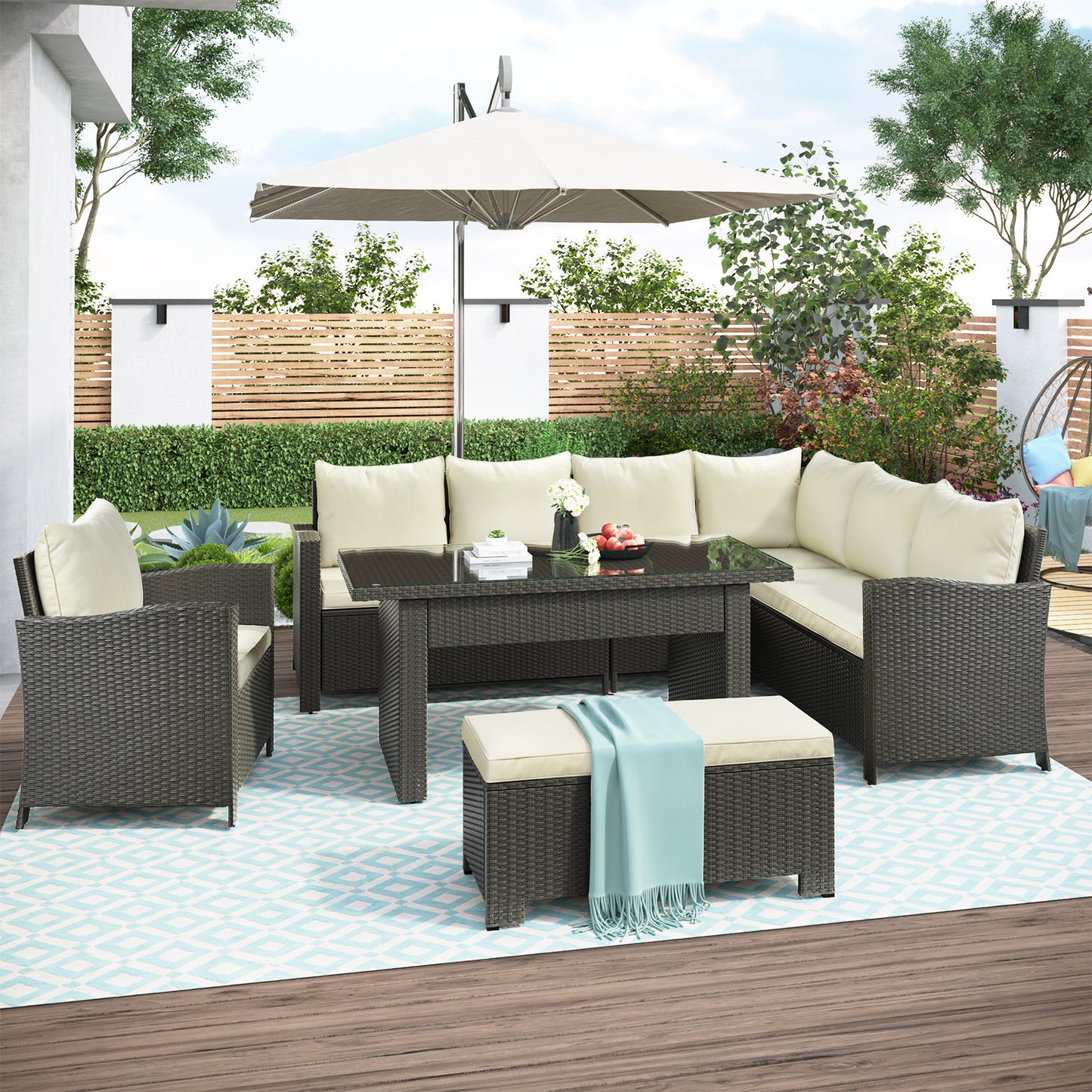 U_STYLE Patio Furniture Set, 6 Piece Outdoor Conversation Set, Dining Table Chair with Bench and Cushions