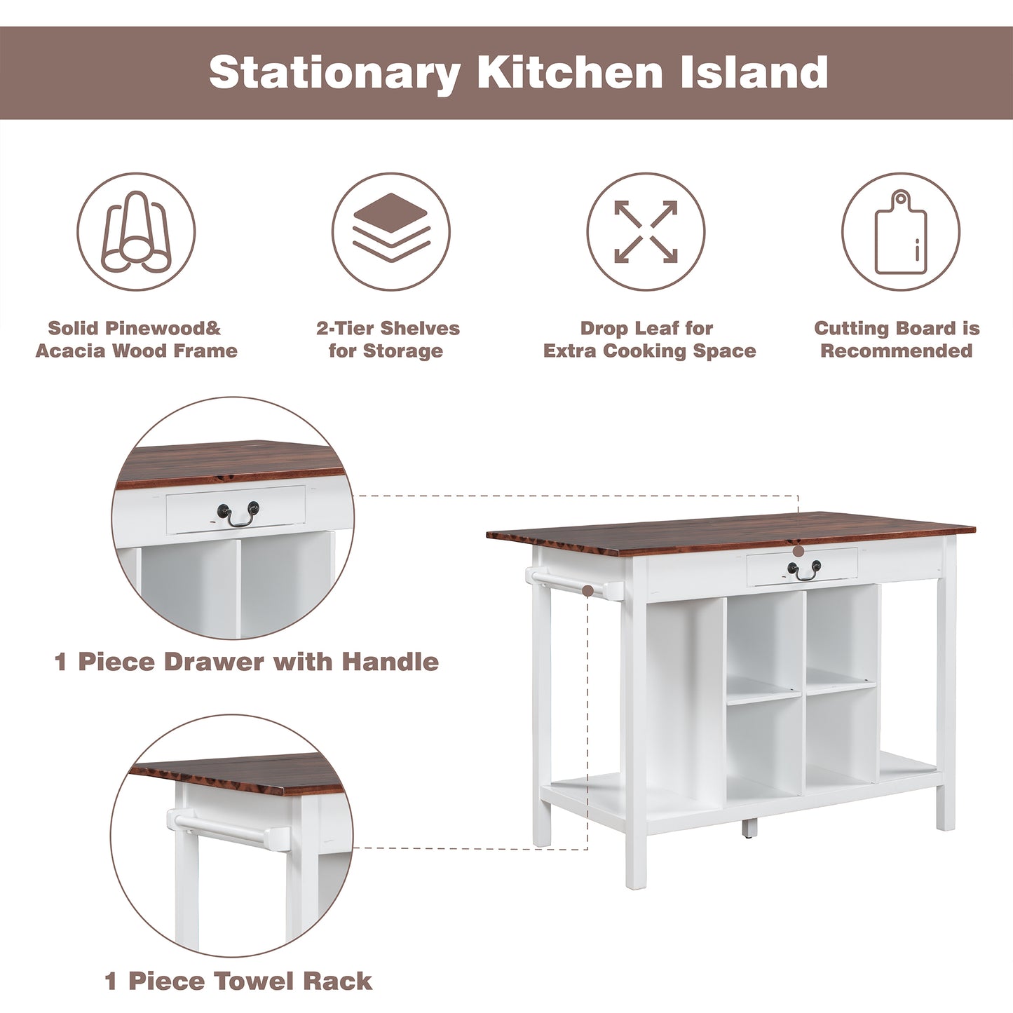 TOPMAX Farmhouse Stationary Wood Dining Table Drop Leaf Kitchen Island with Storage Shelves, Dark Walnut+White