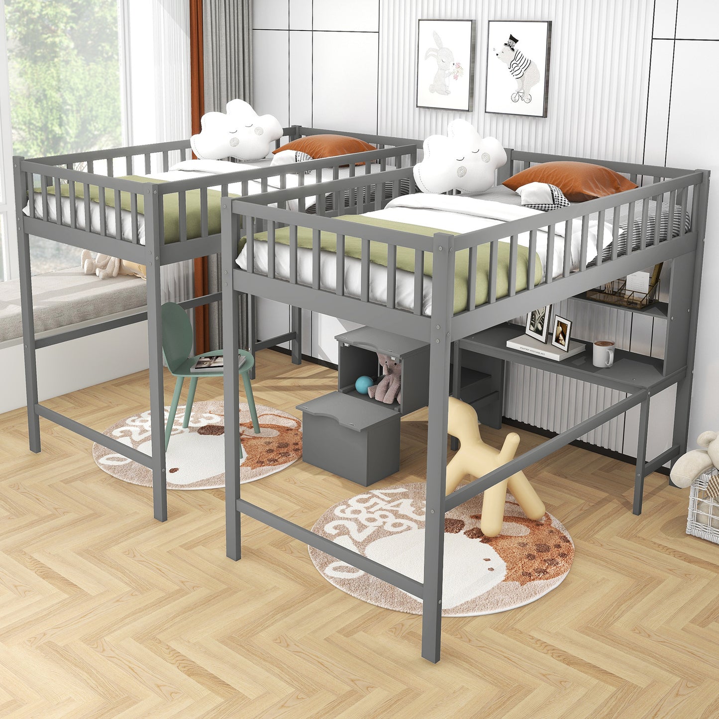 Twin & Twin Size Loft Bed with 2 Built-in Desks and Shelves, Storage Staircase, Gray