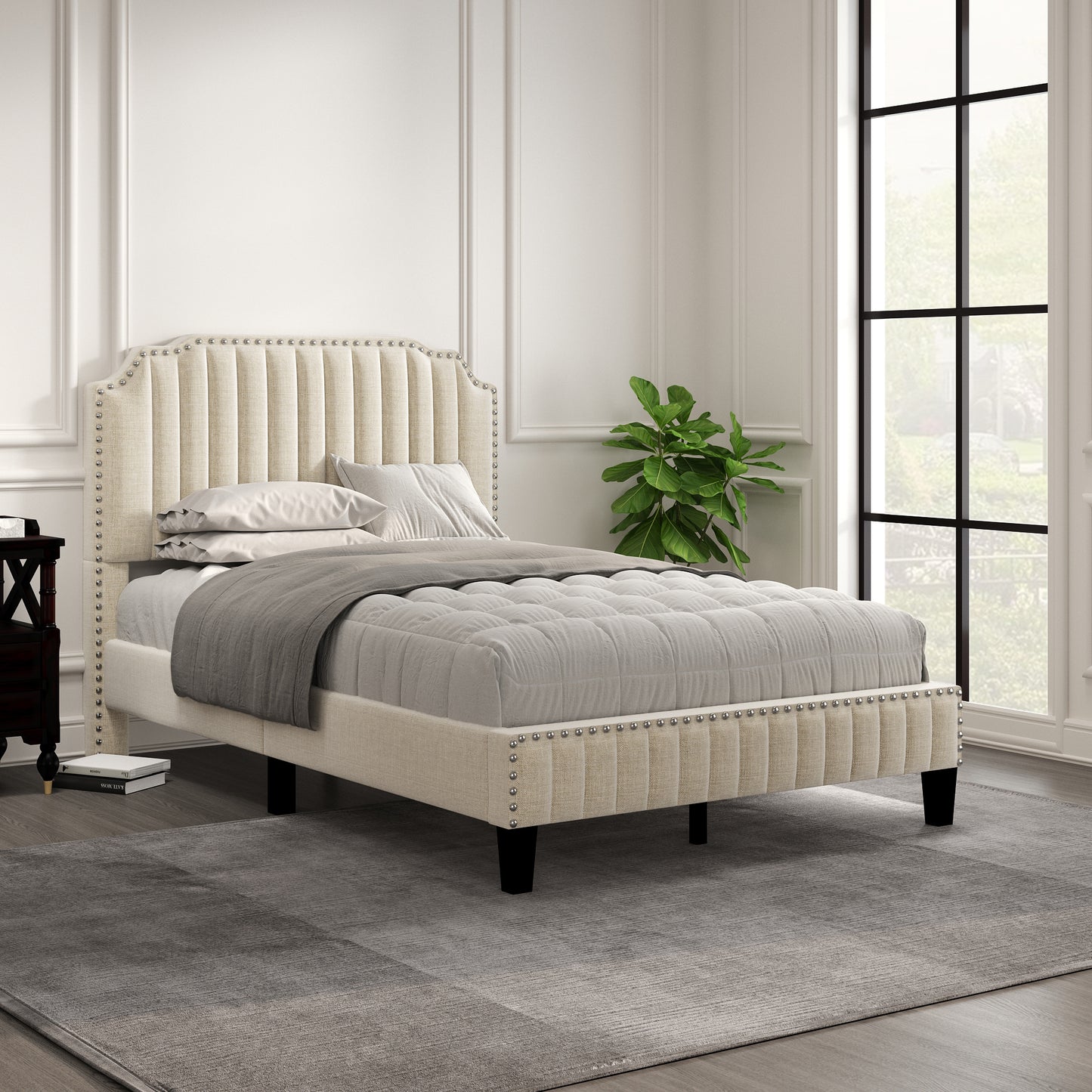 Modern Linen Curved Upholstered Platform Bed , Solid Wood Frame , Nailhead Trim, Cream (Full)