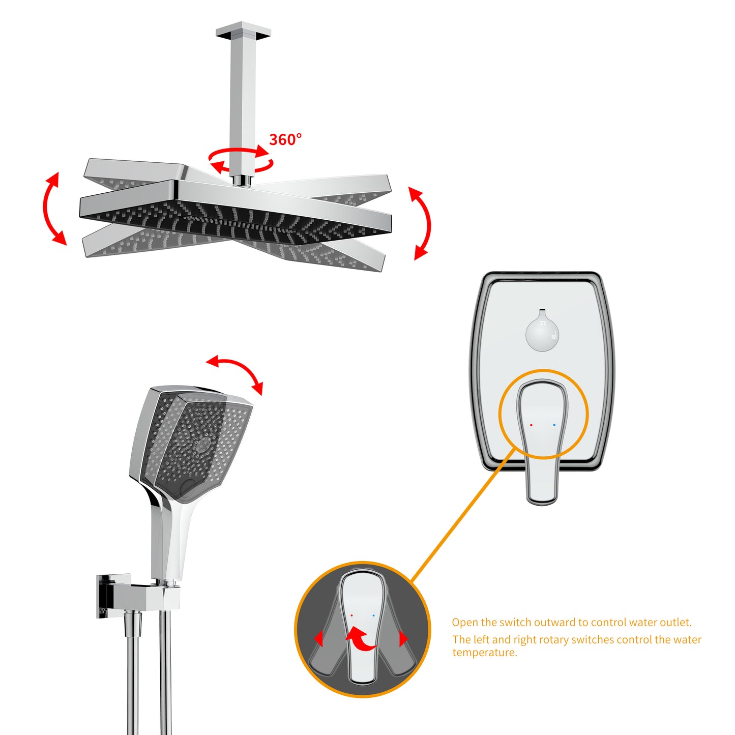 Shower System, Ultra-thin Wall Mounted Shower Faucet Set for Bathroom with High Pressure Big Size Stainless Steel Rain Shower head Handheld Shower Set, 2 Way Pressure Balance Shower Valve Kit,Chrome