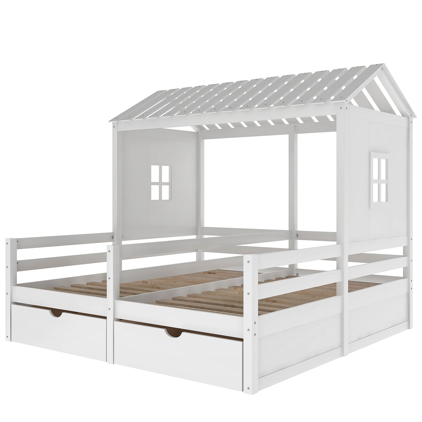 Twin Size House Platform Beds with Two Drawers for Boy and Girl Shared Beds, Combination of 2 Side by Side Twin Size Beds, White