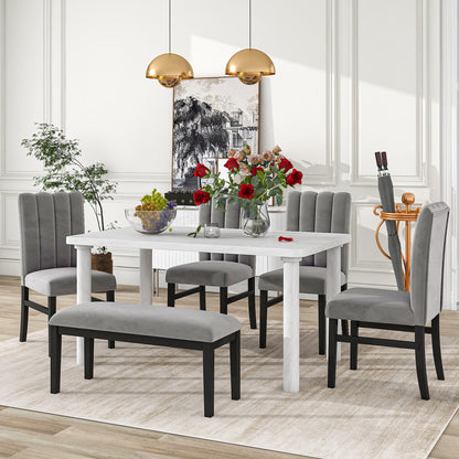 TREXM 6-Piece Dining Table Set with Marble Veneer Table and 4 Flannelette Upholstered Dining Chairs & Bench (White+Gray)