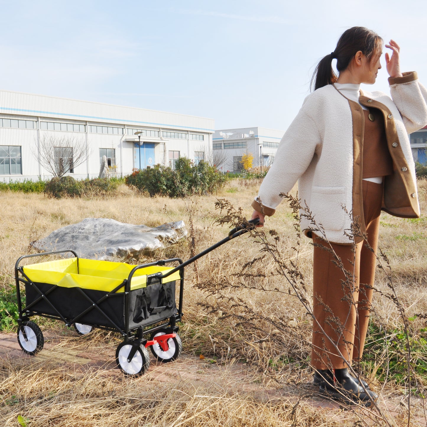 Folding Wagon Garden Shopping Beach Cart (black+yellow)