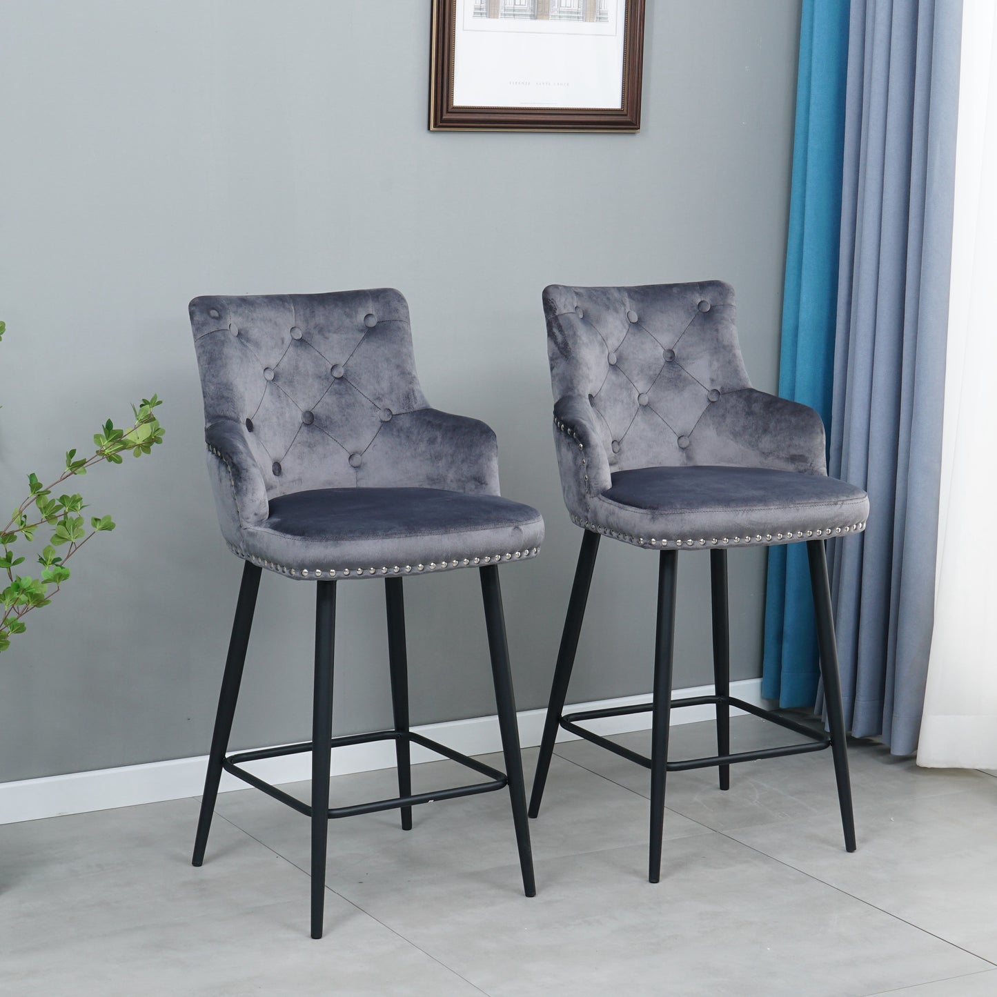 Modern style bar chair with armrests and footrests, riveted design is more fashionable（set of 2）