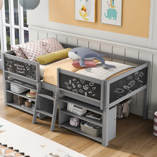 Twin Size Low Loft Bed with Two Movable Shelves and Ladder,with Decorative Guardrail Chalkboard,Gray