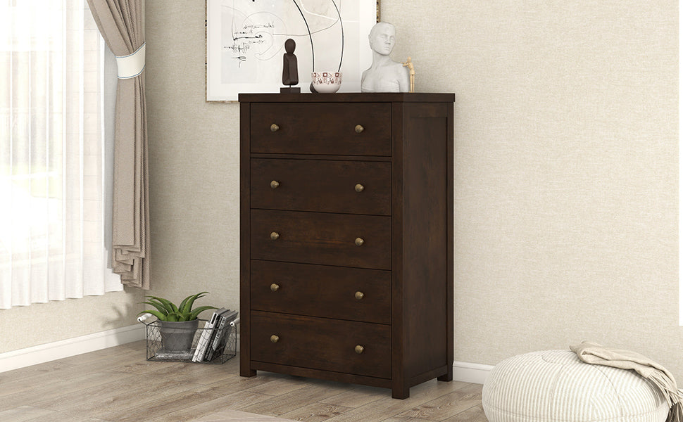 Vintage Aesthetic 5 Drawers Solid Wood Chest in Rich Brown (Chest of Freely Configurable Bedroom Sets)