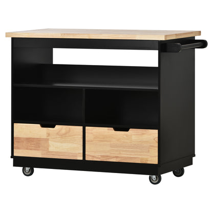 Kitchen Cart Rolling Mobile Kitchen Island Solid Wood Top, Kitchen Cart With 2 Drawers,Tableware Cabinet（Black）