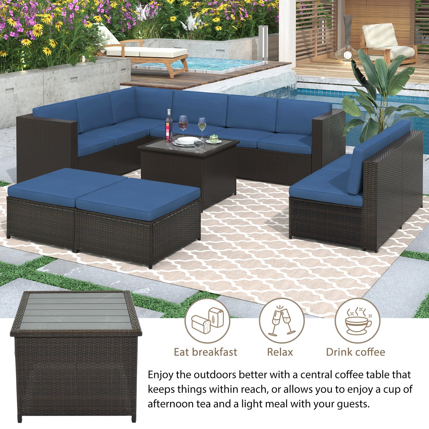 U_Style 9 Piece Rattan Sectional Seating Group with Cushions and Ottoman, Patio Furniture Sets, Outdoor Wicker Sectional