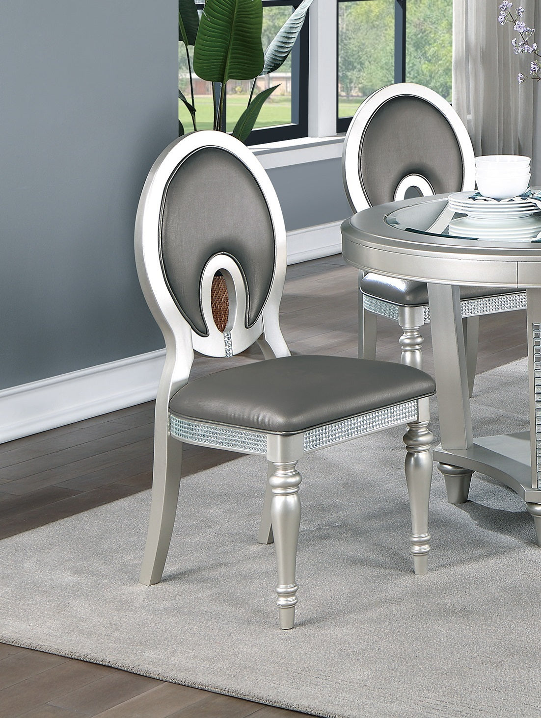 Formal Traditional Dining Room Furniture Chairs Set of 2 Chairs Dark Gray Hue Accent Silver Side Chair Cutout back Chair Cushion Seat