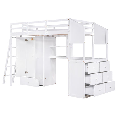 Twin Size Loft Bed with Wardrobe and Drawers, attached Desk with Shelves, White