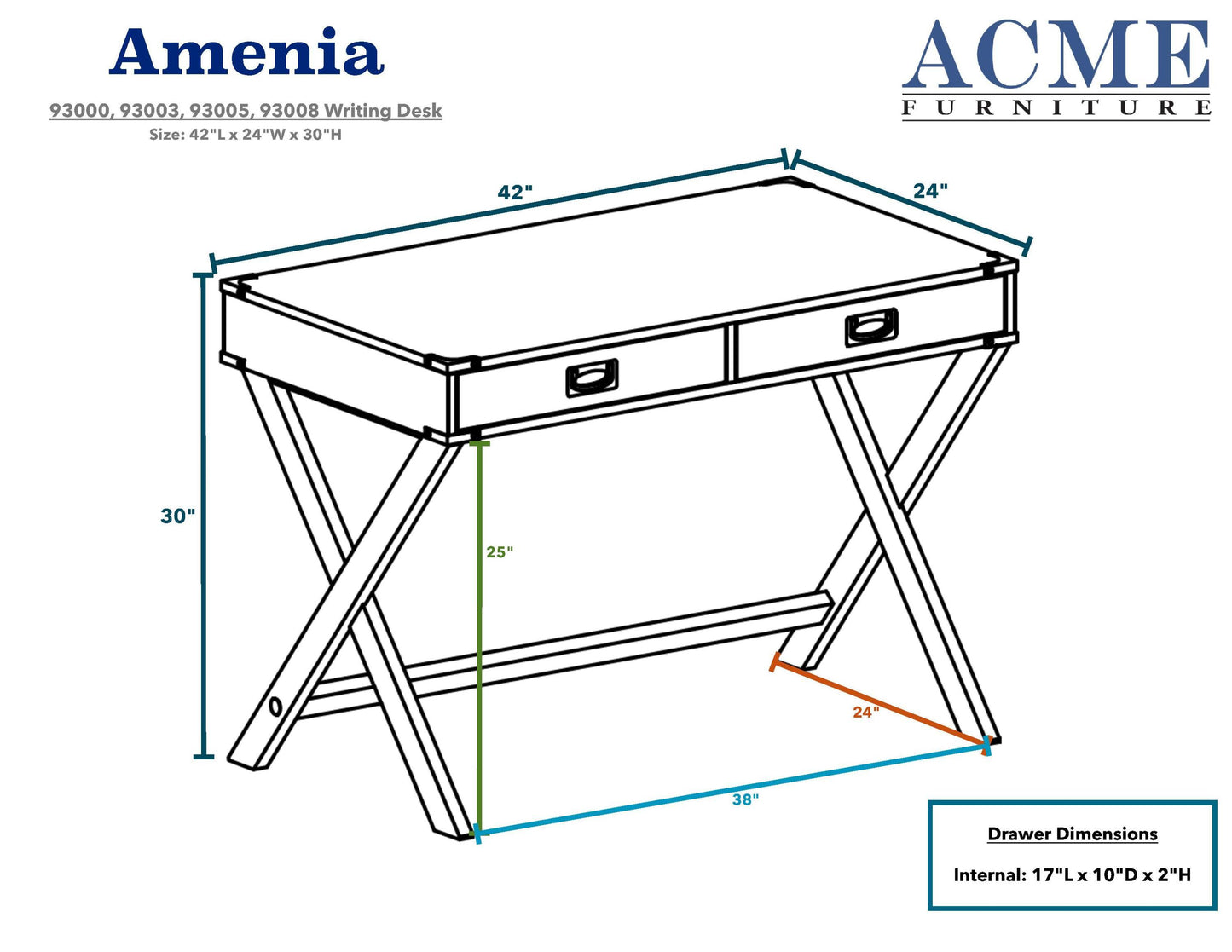 ACME Amenia Writing Desk, Blue Finish 93000