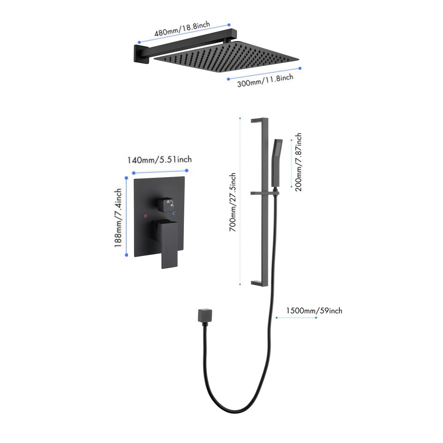 Shower System 12Inch Square Bathroom Luxury Rain Mixer Shower Combo Set Pressure Balanced Shower System with Shower Head, Hand Shower, Slide Bar, Shower Arm, Hose, and Valve Trim