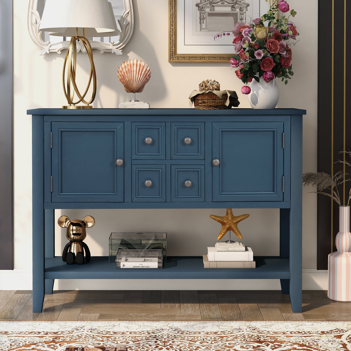 TREXM  Cambridge Series Buffet Sideboard Console Table with Bottom Shelf (Light Navy)