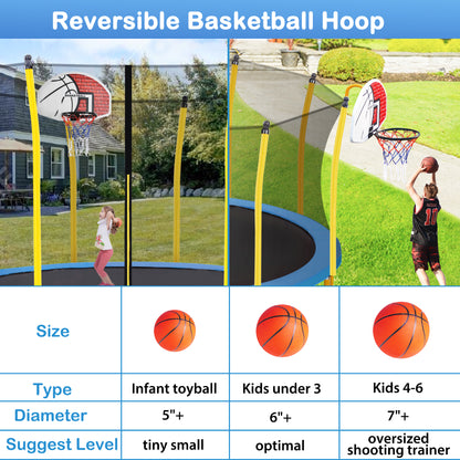 12FT Trampoline for Kids with Safety Enclosure Net, Basketball Hoop and Ladder, Easy Assembly Round Outdoor Recreational Trampoline