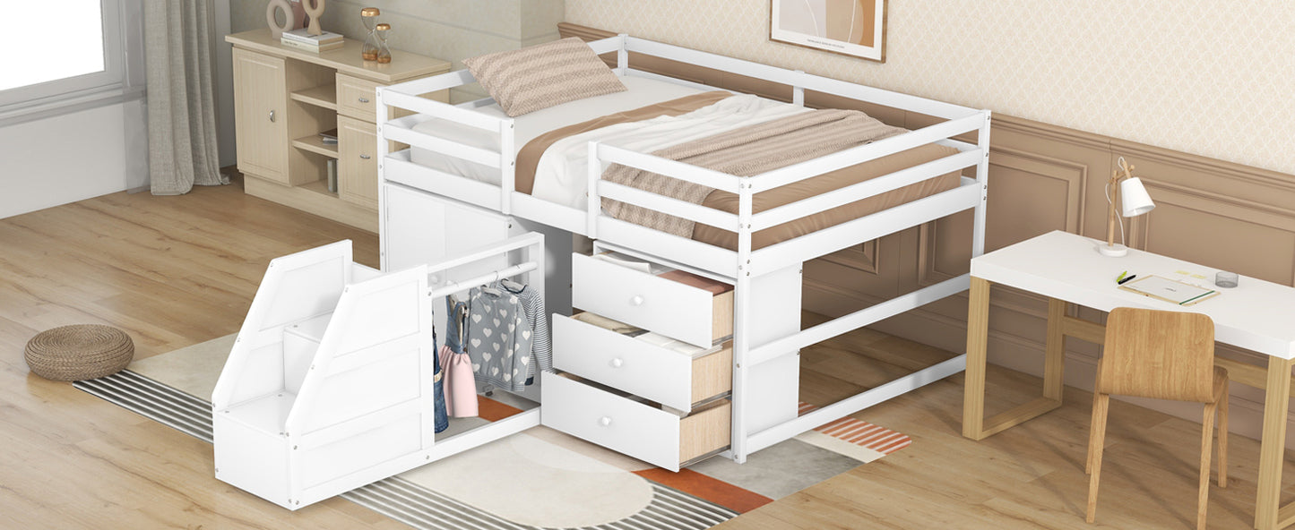 Full Size Functional Loft Bed with Cabinets and Drawers, Hanging Clothes at the back of the Staircase, White