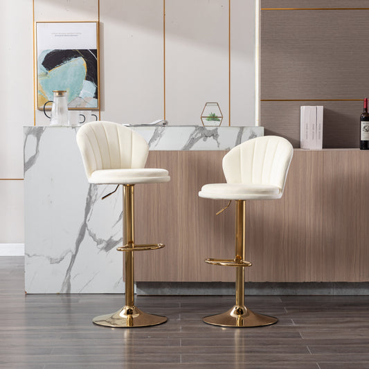 Set of 2  Bar Stools,with Chrome Footrest and Base Swivel Height Adjustable Mechanical Lifting Velvet + Golden Leg Simple Bar Stool-Cream