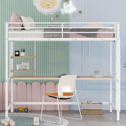 Twin Metal Loft Bed with Desk and Shelve,White