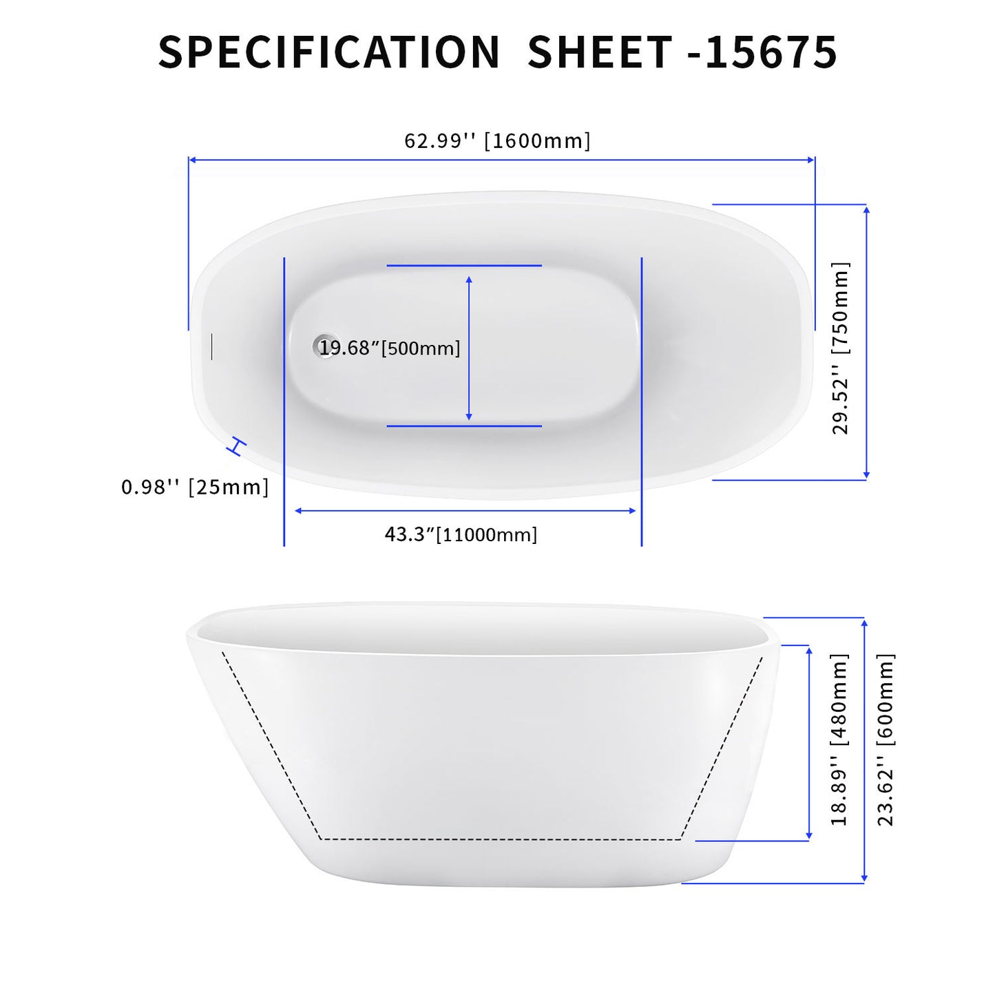 63" 100% Acrylic Freestanding Bathtub，Contemporary Soaking Tub，white Bathtub