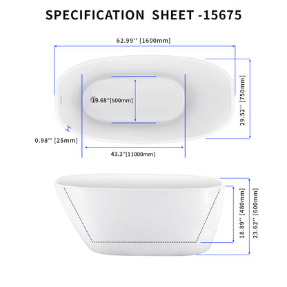 63" 100% Acrylic Freestanding Bathtub，Contemporary Soaking Tub，white Bathtub