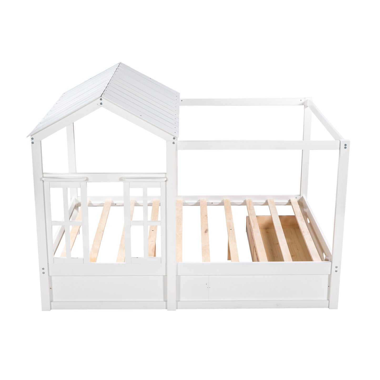 Full Size House Bed with Roof, Window and Drawer - White