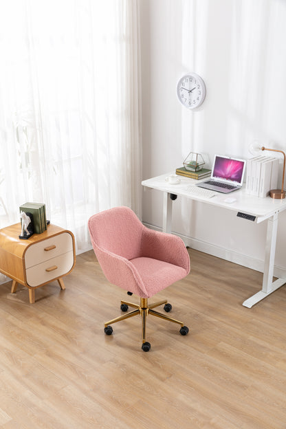 Modern Teddy Fabric Material Adjustable Height 360 Revolving Home Office Chair With Gold Metal Legs And Universal Wheel For Indoor,Pink