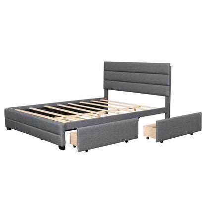 Queen Upholstered Platform Bed with Trundle and Two Drawers,Grey