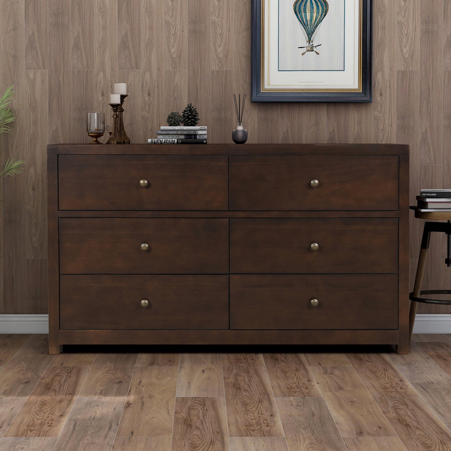 Vintage Aesthetic Solid Wood 6 Drawer Double Dresser in Rich Brown (Dresser of Freely Configurable Bedroom Sets)