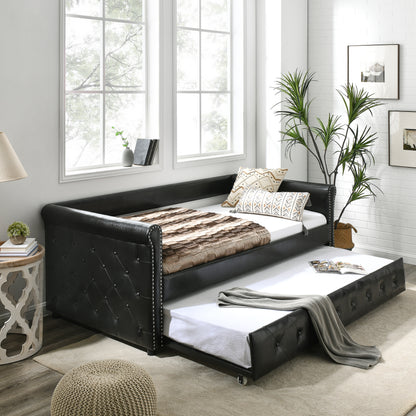 Daybed with Trundle Upholstered Tufted Sofa Bed, with Button and Copper Nail on Arms，both Twin Size, PU Black（85.5“x42”x30.5“）