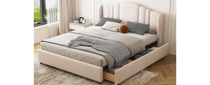 Upholstered Platform Bed with Wingback Headboard and 4 Drawers, No Box Spring Needed, Linen Fabric, Queen Size Beige