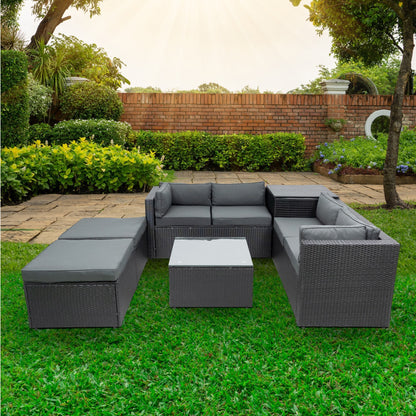 6 Piece Patio Rattan Wicker Outdoor Furniture Conversation Sofa Set with Storage Box Removeable Cushions and Temper glass TableTop