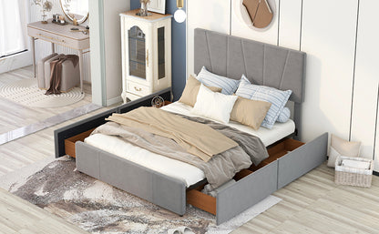 Queen Size Upholstery Platform Bed with Four Drawers on Two Sides,Adjustable Headboard,Grey