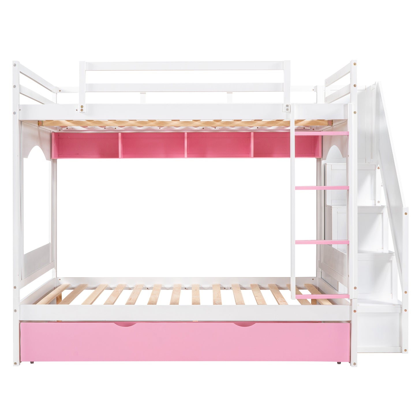 Full Over Full Bunk Bed with Trundle ,Stairs,Ladders Solid Wood Bunk bed with Storage Cabinet （White + Pink）