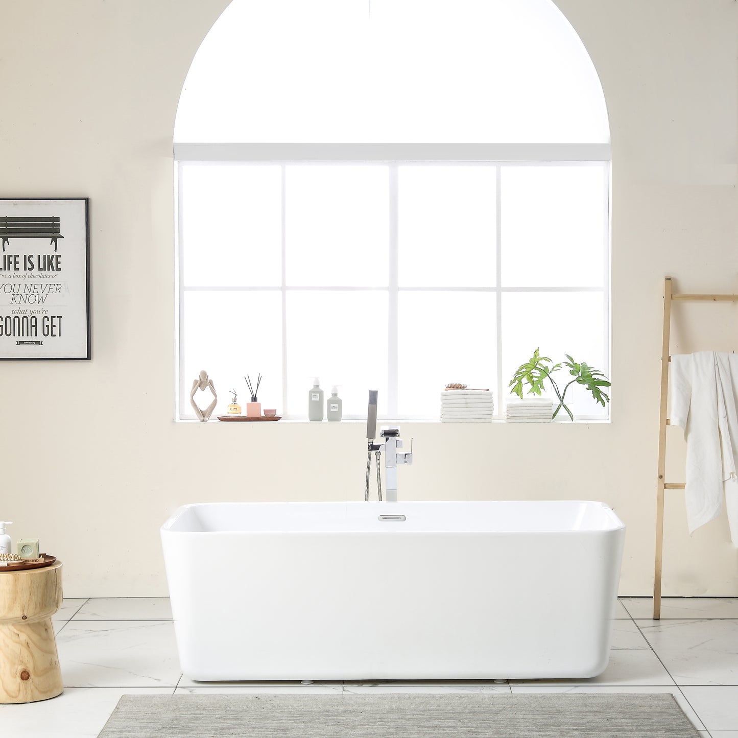 67"L x 31.5\'\'W Acrylic Art Freestanding Alone White Soaking Bathtub with Brushed Nickel Overflow and Drain