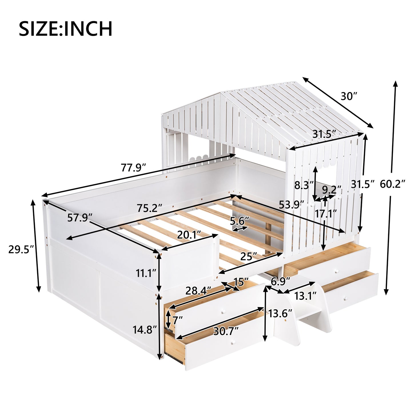 Full Size House Low Loft Bed with Four Drawers,White