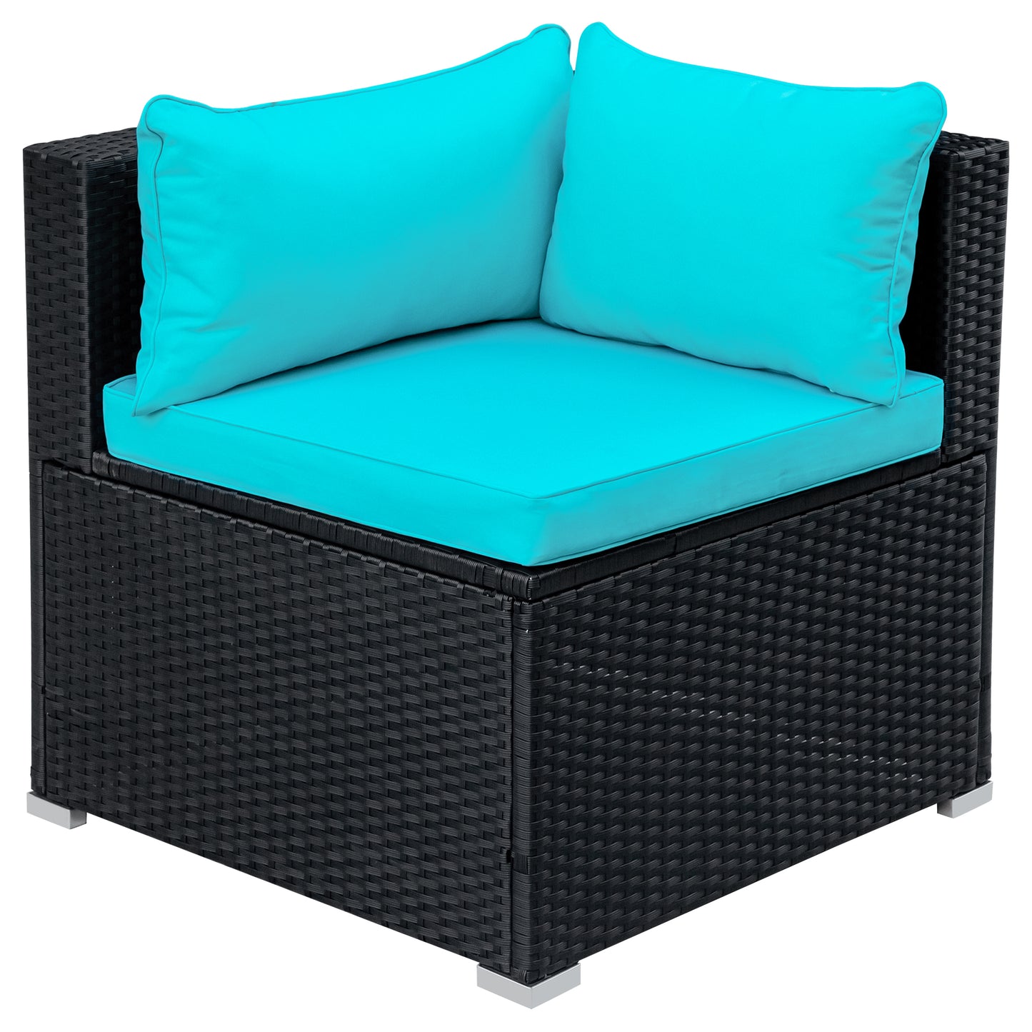 GO 9-piece Outdoor Patio PE Wicker Rattan conversation Sectional Sofa sets with 3 sofa, 3 corner sofa, 2 ottomans, and 1 glass coffee table, removable soft cushions (Black wicker, Blue cushion)