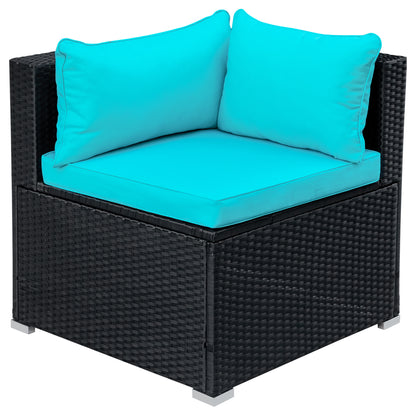 GO 9-piece Outdoor Patio PE Wicker Rattan conversation Sectional Sofa sets with 3 sofa, 3 corner sofa, 2 ottomans, and 1 glass coffee table, removable soft cushions (Black wicker, Blue cushion)