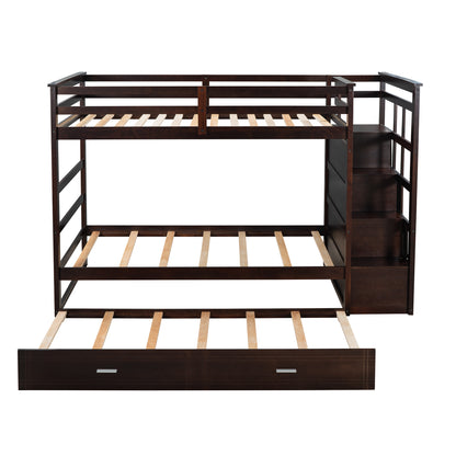 Solid Wood Bunk Bed , Hardwood Twin Over Twin Bunk Bed with Trundle and Staircase, Natural Espresso Finish (OLD SKU: LP000068AAP)