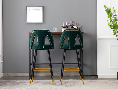 A&A Furniture,Akoya Collection Modern | Contemporary Velvet Upholstered Connor 28" Bar Stool & Counter Stools with Nailheads and Gold Tipped Black Metal Legs,Set of 2 (Green)