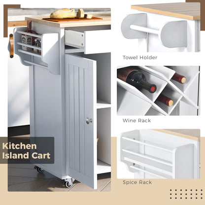 K&K Store Kitchen Island Cart with Two Storage Cabinets and Four Locking Wheels，Wine Rack, Two Drawers,Spice Rack, Towel Rack （White）