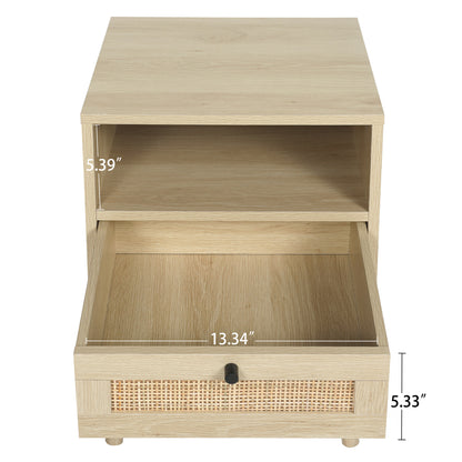 Rattan Nightstands with Rattan-Like Decor Drawer, End Tables with Solid Wood Legs, Side Tables with Open Storage, for Bedroom, Living Room