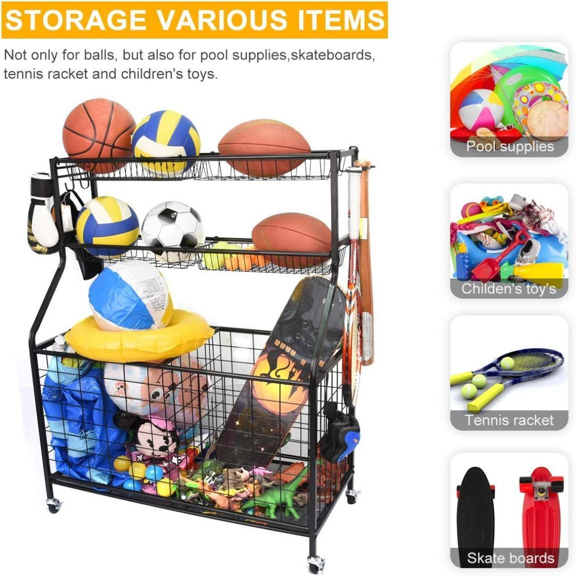 Sports Equipment Organizer, Sports Gear Basketball Storage with Baskets and Hooks,Ball Storage Rack, Garage Ball Storage, Sports Gear Storage,Rolling Sports Ball Storage Cart, Black